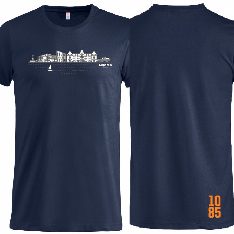 Marinblå t-shirt med tryck av Lommas skyline vid vattnet